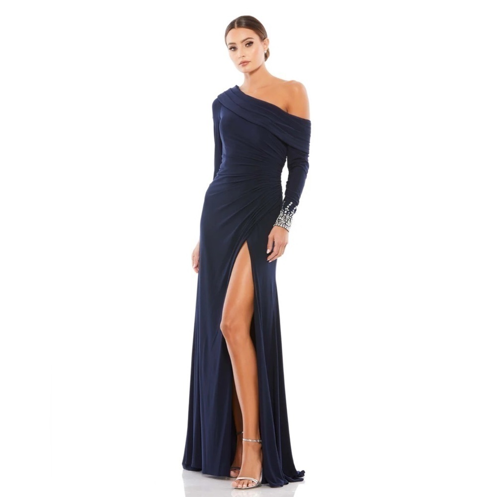 Mac Duggal 12231 NWOT BEADED CUFF DROP SHOULDER FAUX WRAP GOWN